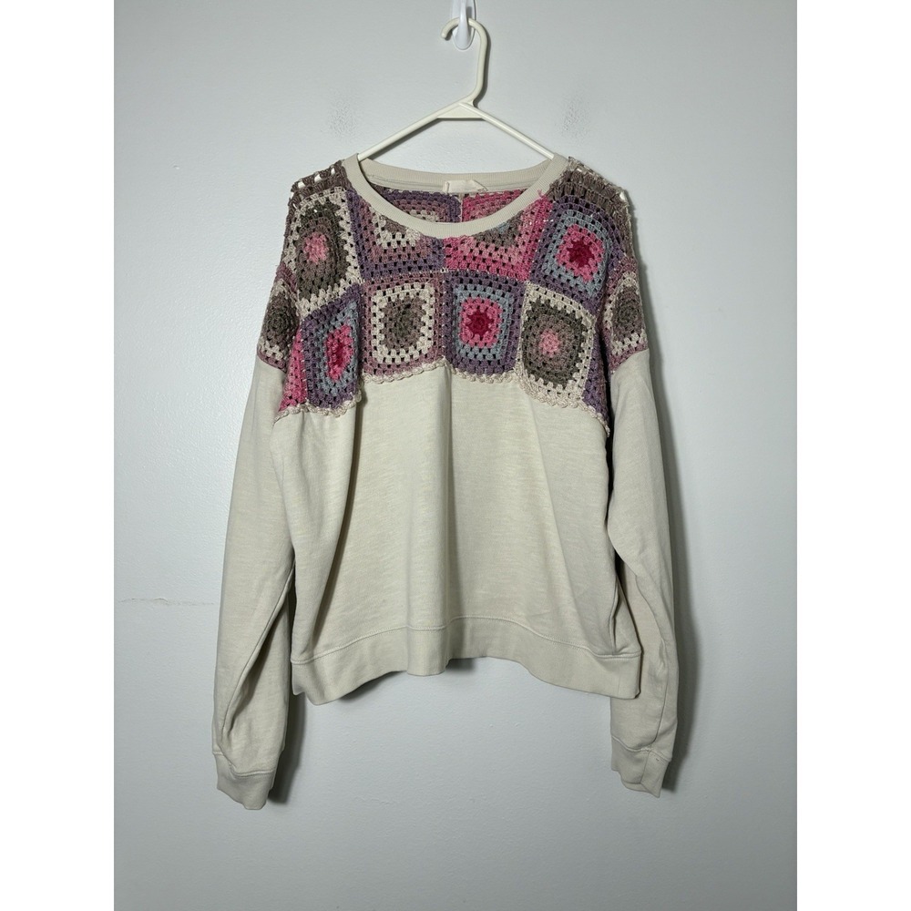 Lucky Brand Pullover Granny Square Crew Neck Sweater Sz L Tan Cotton Retro - Picture 1 of 7